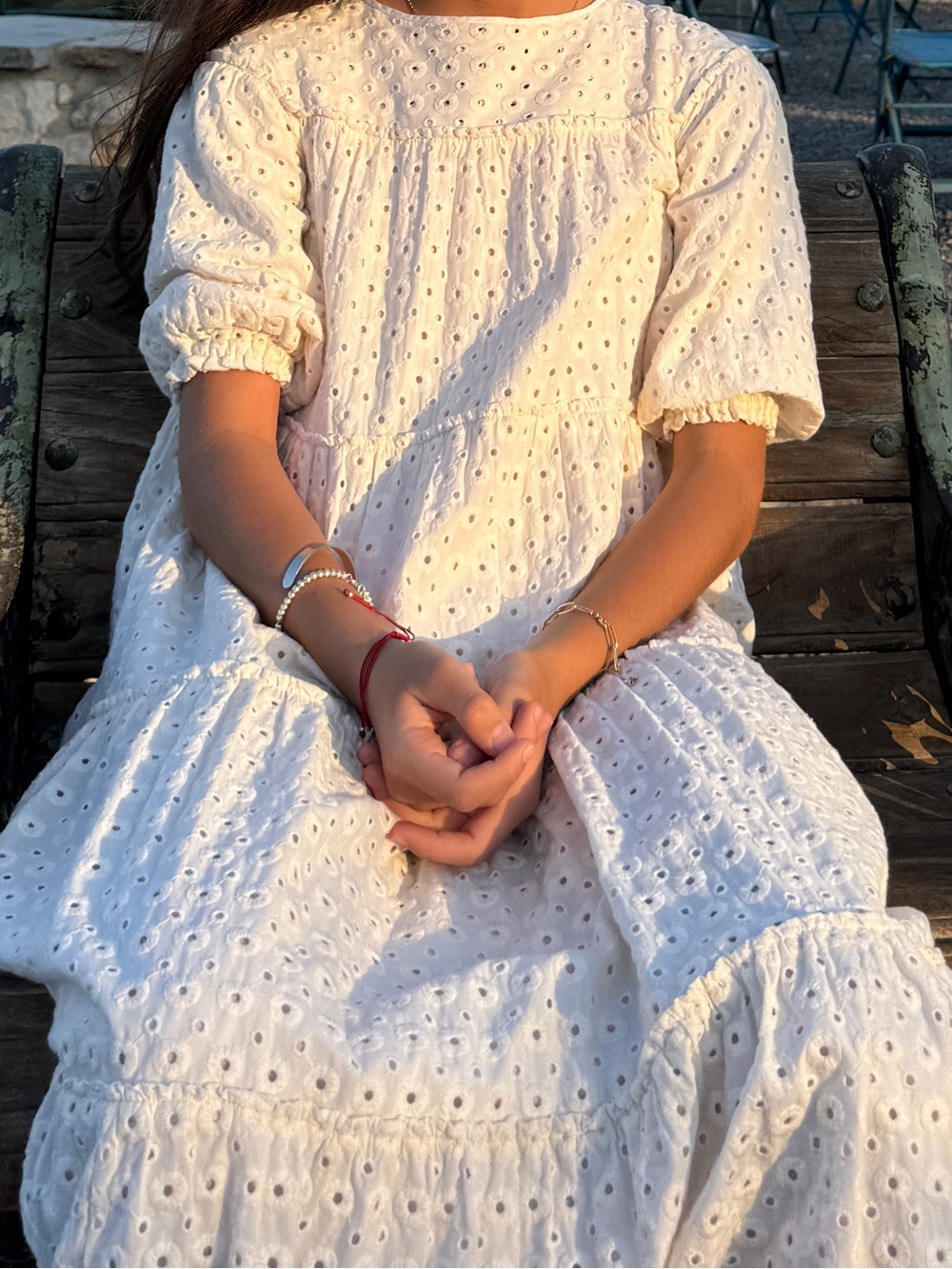 Ivory Eyelet Tiered Midi Dress with Puff Sleeves
